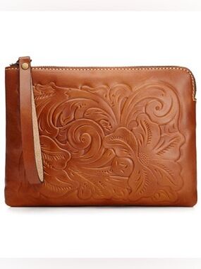 Patricia Nash Tan Embossed Leather Wristlet Clutch